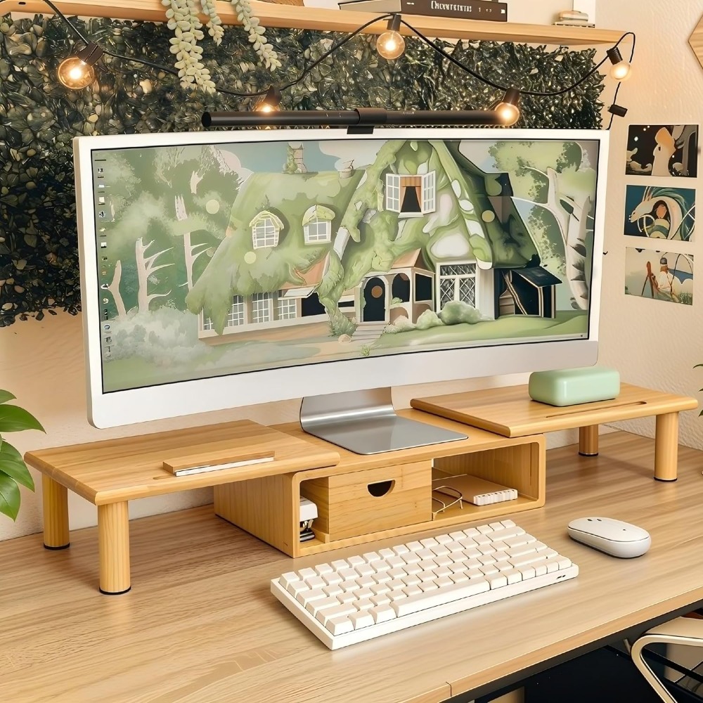 Dual Monitor Stand Riser with  - Laptop Stand Bamboo ulasan dan harga