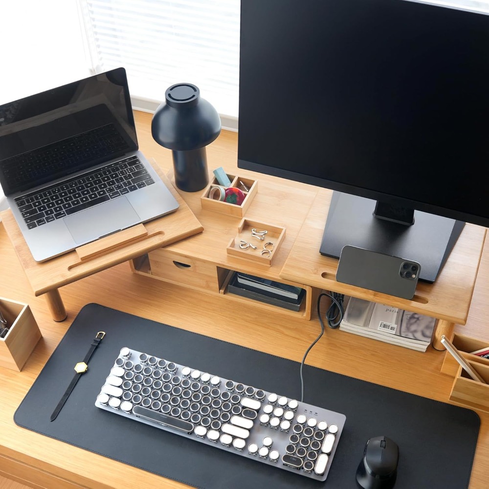 Dual Monitor Stand Riser with  - Laptop Stand Bamboo ulasan dan harga